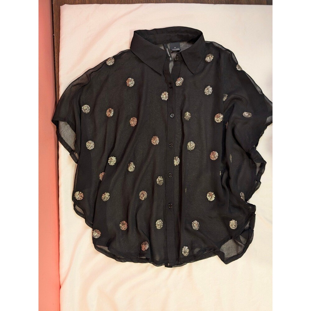 Women's New Directions Sheer Polka Dot Blouse Black Small - Picture 3 of 6